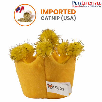 Fofos Birthday Crown Cat Toy – Soft Plush Toy with US-Grade Organic Catnip & Gold Pom-Poms for Kittens & Cats
