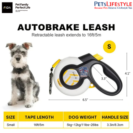 FIDA AutoBrake Retractable Dog Leash 16ft Safety Lock