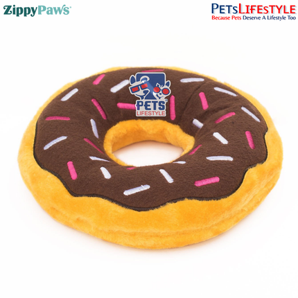 ZippyPaws Junior Donutz Dog Toy – Chocolate | Stuffing-Free Plush Chew Toy with Dual Squeakers