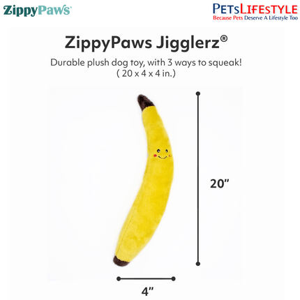 ZippyPaws Jigglerz – Banana  Super Sized Plush Dog Toy with Interactive Jiggler Squeaker
