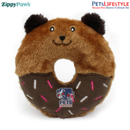 ZippyPaws Donutz Buddies – Bear | Stuffing-Free Plush Chew Toy with Dual Squeakers