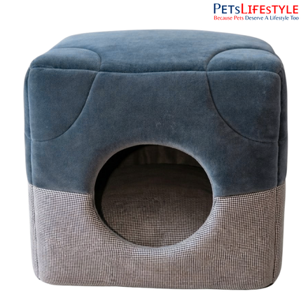 Designer Dual-Texture Velvet and Houndstooth Luxury Pet Cube House Pet House with Plush Cushion, Indoor Pet Bed