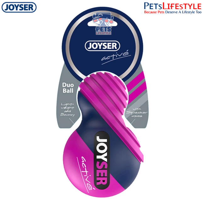 JOYSER Active TPU Duoball with Squeaker Durable Chew & Fetch Dog Toy – Blue/Pink (M)