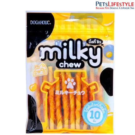 Dogaholic Milky Chew Cheese & Chicken Sticks Dog Treats – Soft Milk-Flavoured Protein-Rich Chew Snacks (10 Pieces)