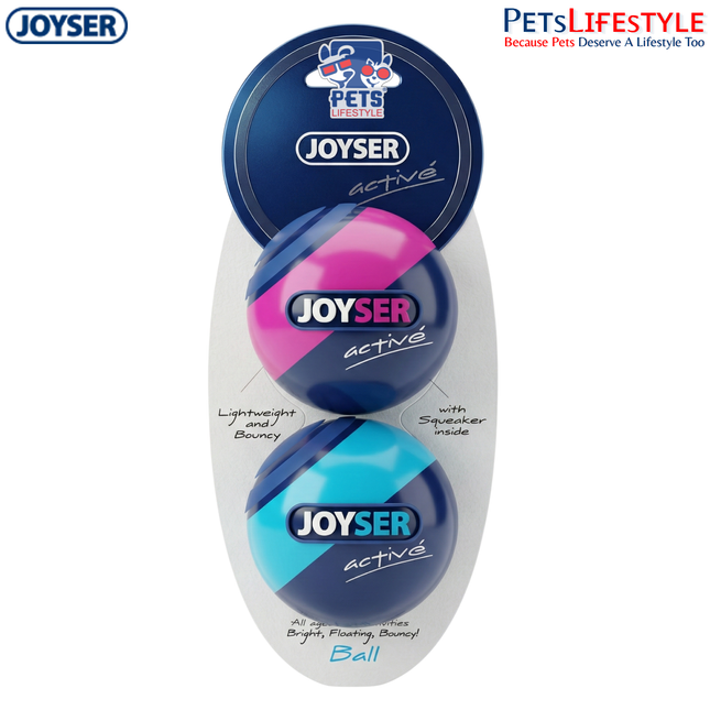 JOYSER Active 2 TPU Balls with Squeaker Durable Chew & Fetch Dog Toy – Blue/Pink (M)