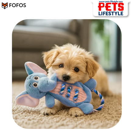FOFOS Elephant Rope Tug toy with plush body, rope limbs, and squeaker