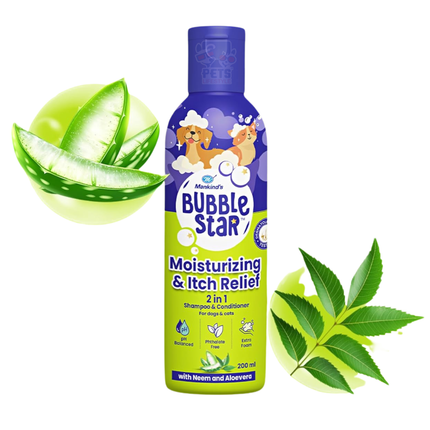 Mankind BubbleStar Neem & Aloe Vera Fresh 2 in 1 Waterless Shampoo for Dogs & Cats | Moisturizing & Itch Relief Formula