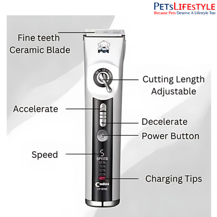 Codos CP-9700 Professional Pet Hair Trimmer with Ceramic Blade & LCD Display | 5 Speed Levels & Adjustable Lengths | Rechargeable Grooming Clipper for Dogs & Cats