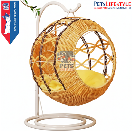 PᴇᴛsLɪғᴇsᴛʏʟᴇ Natural Rattan Cat Hammock Bed with Cushion & Toy – Handmade Swing Cat