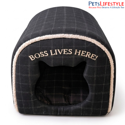 Premium Tunnel Cave Pet House with Boss Lives Here Embroidery Pet House with Plush Cushion, Indoor Pet Bed