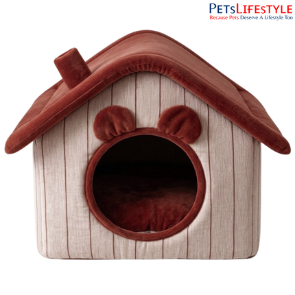 Premium Rust Velvet Cottage Pet House with Removable Roof Pet House with Plush Cushion, Indoor Pet Bed