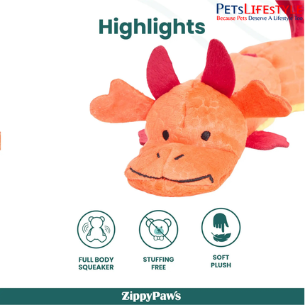 ZippyPaws Zippy Dragonz Red Plush Dog Toy – 7 Squeakers for Interactive Play