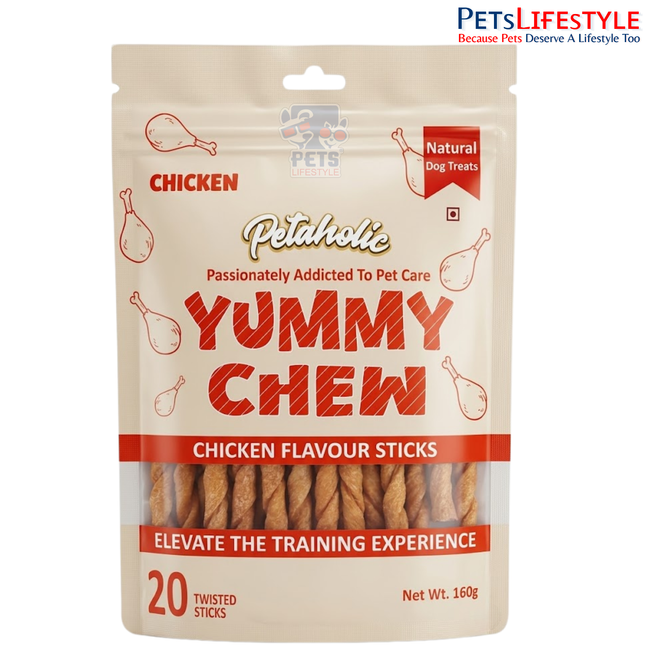 Petaholic Yummy Chew Chicken Flavour Sticks Dog Treat 160g (20 Sticks) | Premium Gluten-Free Training Treats for Dogs