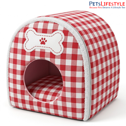 Foldable Igloo Pet House for Dogs & Cats – Red and White Checkered Cave Bed