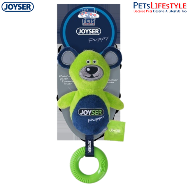 JOYSER Puppy Bear with Ring Plush Dental Chew Dog Toy – Green/Blue (S/M)
