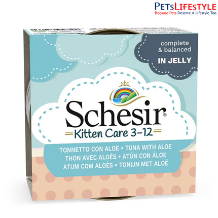Schesir Kitten Care Tuna with Aloe Wet Food for Kittens (3–12 Months), Natural Fillets in Jelly, High Protein Kitten Nutrition, Each 85 gm