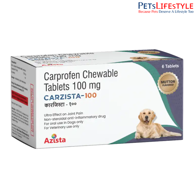 Carzista 100mg Carprofen Chewable Tablets for Dogs – Mutton Flavoured NSAID Pain Relief by Azista Vet (1x6 Tablets)