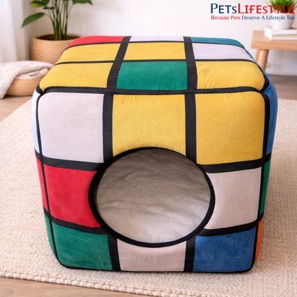 Rubik’s Cube Inspired Luxury Designer Cube Pet House with Plush Cushion, Indoor Pet Bed