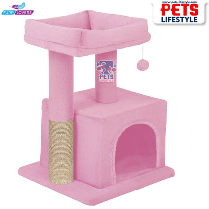 FURRLOVERS Condo Kitten Cat Tree – Plush Fur Fabric, Top Perch, Hanging Ball & Scratching Post (12x12 Inch Condo)