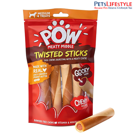Pow Twisted Chicken and Peanut Butter Sticks Dog Treats 200gm