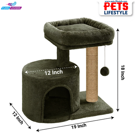 Compact Cat Tree with Scratching Post, Condo & Dangling Toy Ball – Plush Fabric (Small Space Friendly)