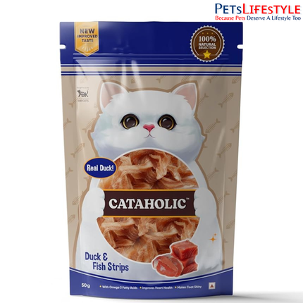 Cataholic Duck & Fish Jerky Strips Cat Treats, High Protein Natural Cat Snacks, Soft Chewy Training Treats for All Cat Breeds, 50 g