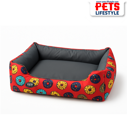 PᴇᴛsLɪғᴇsᴛʏʟᴇ Donut Pattern Red & Grey Dog Bed – All Sizes Comfort and style for your furry friends