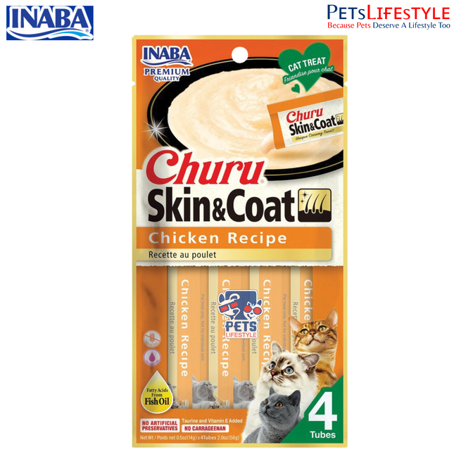 Inaba Churu Skin & Coat Chicken Recipe is a delicious, creamy lickable cat treat