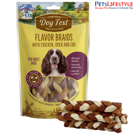 Dog Fest Flavor Braids with Chicken, Duck & Cod Adult Dog Treats 90g | 100% Natural High-Protein Handcrafted Chew Treats