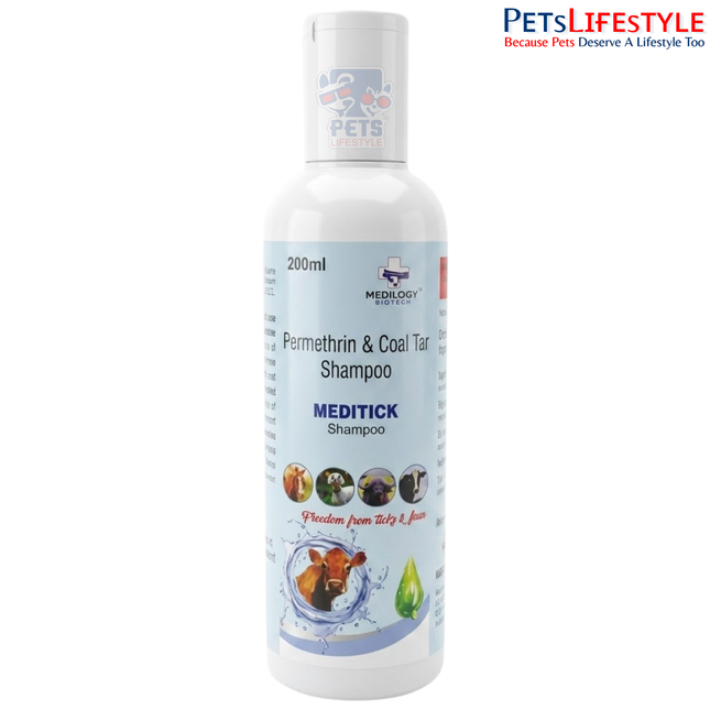 MEDITICK Vet Shampoo – Permethrin & Coal Tar Veterinary Shampoo | Anti-Tick, Anti-Flea & Medicated Skin Care Shampoo for Dogs | 200 ml