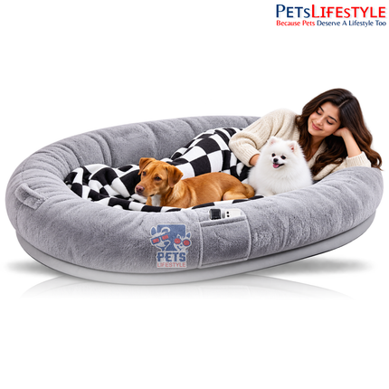 PetsLifestyle Giant Human Dog Bed – Calming Anti-Anxiety Bolster Bean Bag with Orthopedic Foam, Blanket & Pillow, Giant Oval Floor Bed
