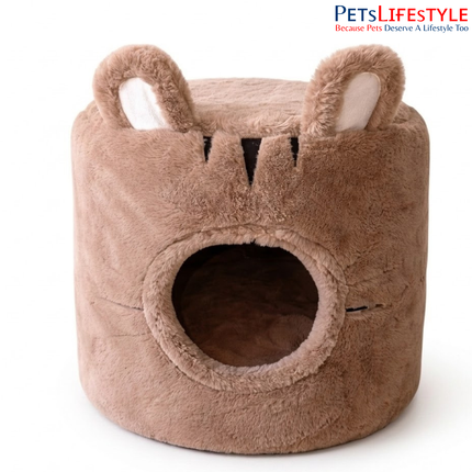 Premium Teddy Bear Plush Cylindrical Pet Cave House Pet House with Plush Cushion, Indoor Pet Bed