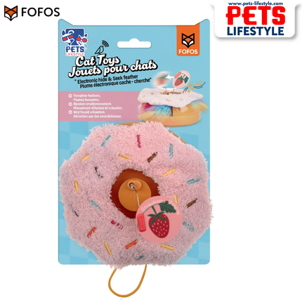 FOFOS Interactive Donut Cat Toy – Random Movement, Plush Hide & Seek Toy with Feathers