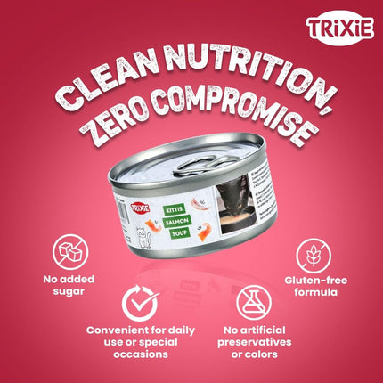 Trixie Cat Soup with Chicken & Salmon – Tasty Liquid Cat Treat, Grain-Free Wet Food Supplement Supporting Hydration & Digestion for Adult Cats, 4 × 80 g