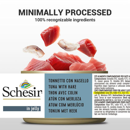 Schesir Tuna with Salmon Wet Food for Adult Cats, Natural Fish Fillets in Jelly, High Protein Premium Cat Food, No Artificial Preservatives, 85 Grams