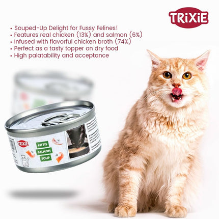 Trixie Cat Soup with Chicken & Salmon – Tasty Liquid Cat Treat, Grain-Free Wet Food Supplement Supporting Hydration & Digestion for Adult Cats, 4 × 80 g