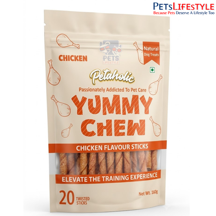Petaholic Yummy Chew Chicken Flavour Sticks Dog Treat 160g (20 Sticks) | Premium Gluten-Free Training Treats for Dogs