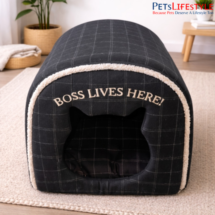 Premium Tunnel Cave Pet House with Boss Lives Here Embroidery Pet House with Plush Cushion, Indoor Pet Bed