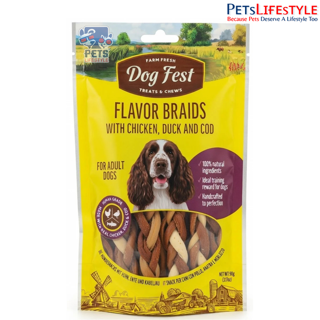 Dog Fest Flavor Braids with Chicken, Duck & Cod Adult Dog Treats 90g | 100% Natural High-Protein Handcrafted Chew Treats
