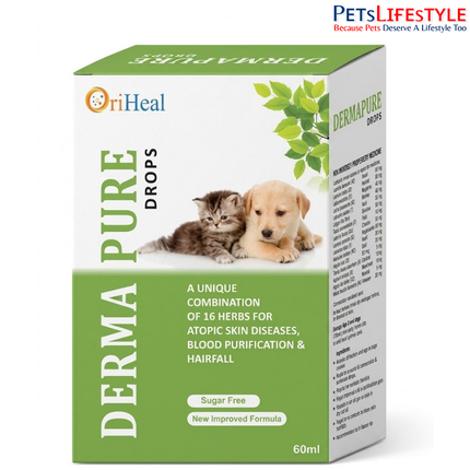 OriHeal Dermapure Drops 60 ml Herbal Skin Supplement for Dogs & Cats | Atopic Dermatitis & Hair Fall Support