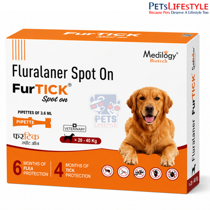 FurTICK Fluralaner Spot On for Dogs (20–40 kg) | 3.6 ml Pipette | Long-Lasting Tick & Flea Protection