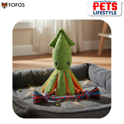 FOFOS Summer Plush Green Octopus Dog Toy Squeaker + Crinkle Paper Soft Plush Toy