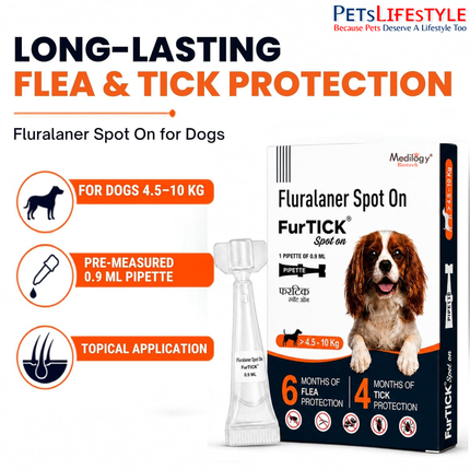 FurTICK Fluralaner Spot On for Dogs (4.5–10 kg) | 0.9 ml Pipette | Tick & Flea Protection