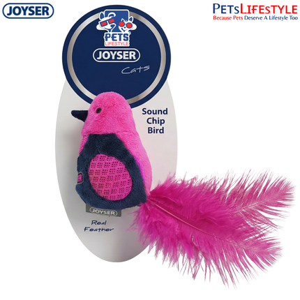 JOYSER Sound Chip Bird with Real Feathers – Pink/Blue | Interactive Electronic Cat Toy