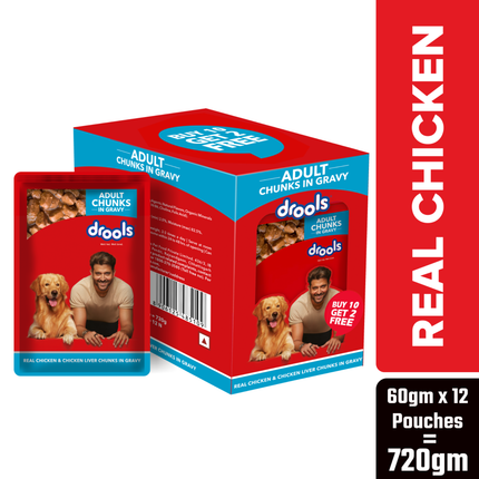 Drools Adult Wet Dog Food, Real Chicken and Chicken Liver Chunks in Gravy,10 Pouches + 2 Pouches Free (12 x 60g )