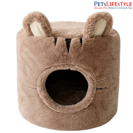 Premium Teddy Bear Plush Cylindrical Pet Cave House Pet House with Plush Cushion, Indoor Pet Bed