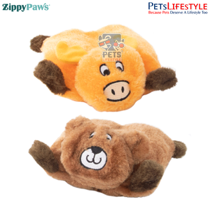 ZippyPaws Squeakie Pads – 2 Pack (Bear & Moose)  Stuffing-Free Plush Dog Toy with Large Blaster Squeakers