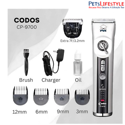 Codos CP-9700 Professional Pet Hair Trimmer with Ceramic Blade & LCD Display | 5 Speed Levels & Adjustable Lengths | Rechargeable Grooming Clipper for Dogs & Cats