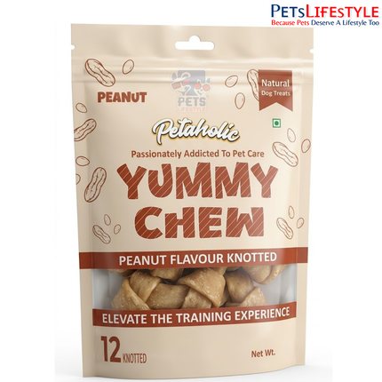 Petaholic Yummy Chew Peanut Flavour Knotted Bone Dog Treat 170g (12 Knotted Bones) | Premium Gluten-Free Chew Treats for Dogs