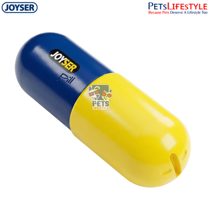 JOYSER Plus Pill Treat Dispensing Chew Dog Toy with Squeaker – Blue/Yellow (M/L)